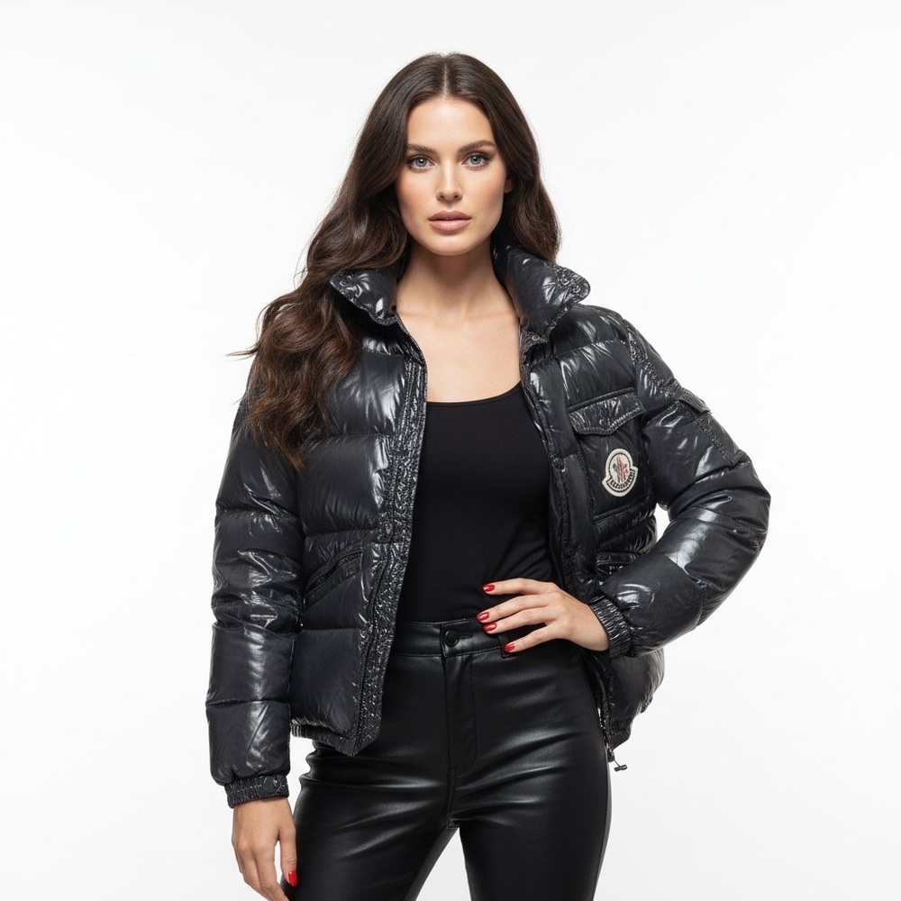 Y2K Women's Semi Glossed Black Puffer Parka Bomber Jacket Size 2